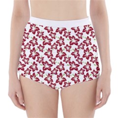 Cute Flowers - Carmine Red White High-waisted Bikini Bottoms by FashionBoulevard