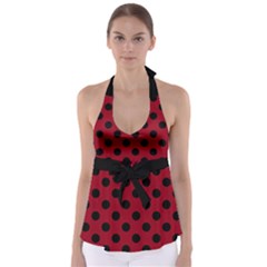 Polka Dots Black On Carmine Red Babydoll Tankini Top by FashionBoulevard