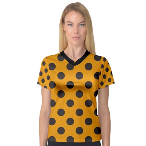 Polka Dots Black On Honey Orange V-neck Sport Mesh Tee by FashionBoulevard