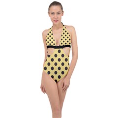 Polka Dots Black On Mellow Yellow Halter Front Plunge Swimsuit by FashionBoulevard