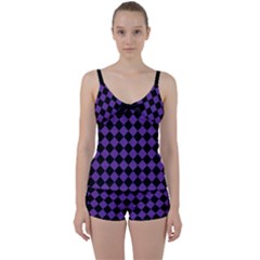 Block Fiesta Black And Imperial Purple Tie Front Two Piece Tankini by FashionBoulevard