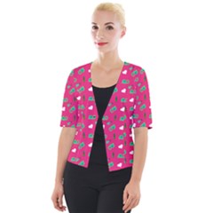 Green Elephant Pattern Hot Pink Cropped Button Cardigan