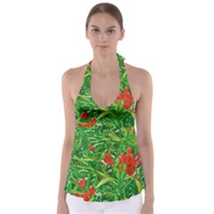 Red Flowers And Green Plants At Outdoor Garden Babydoll Tankini Top by dflcprintsclothing