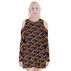 Abstract Orange Geometric Pattern Velvet Long Sleeve Shoulder Cutout Dress by Wegoenart