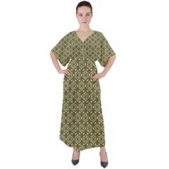 Background Green Ornamental Pattern V-neck Boho Style Maxi Dress by Wegoenart