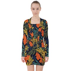 Fashionable Seamless Tropical Pattern With Bright Green Blue Plants Leaves V-neck Bodycon Long Sleeve Dress by Nexatart