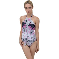 Big Set With Cute Cartoon Animals Bear Panda Bunny Penguin Cat Fox Go With The Flow One Piece Swimsuit by Vaneshart