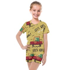Childish Seamless Pattern With Dino Driver Kids  Mesh Tee And Shorts Set