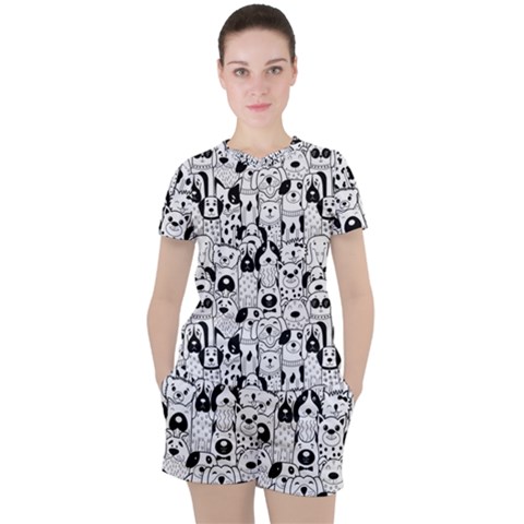 Seamless Pattern With Black White Doodle Dogs Women s Tee And Shorts Set by Vaneshart