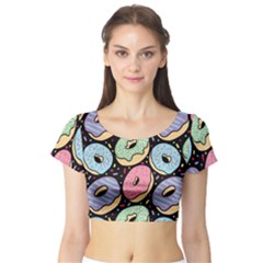 Colorful Donut Seamless Pattern On Black Vector Short Sleeve Crop Top by Sobalvarro