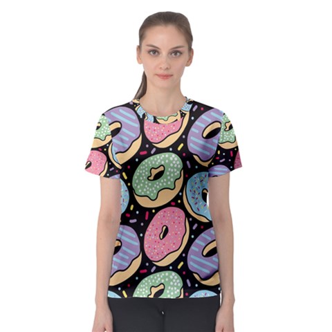 Colorful Donut Seamless Pattern On Black Vector Women s Sport Mesh Tee by Sobalvarro