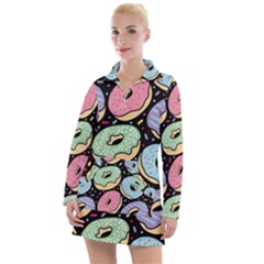 Colorful Donut Seamless Pattern On Black Vector Women s Long Sleeve Casual Dress by Sobalvarro