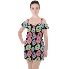 Colorful Donut Seamless Pattern On Black Vector Ruffle Cut Out Chiffon Playsuit by Sobalvarro