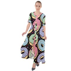 Colorful Donut Seamless Pattern On Black Vector Waist Tie Boho Maxi Dress by Sobalvarro