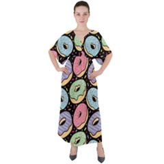 Colorful Donut Seamless Pattern On Black Vector V-neck Boho Style Maxi Dress by Sobalvarro