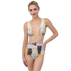 Seamless Pattern Cute Cat Cartoons Tied Up Two Piece Swimsuit by Vaneshart