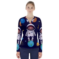 Boy Spaceman Space Rocket Ufo Planets Stars V-neck Long Sleeve Top by Vaneshart