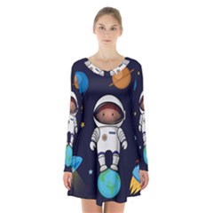 Boy Spaceman Space Rocket Ufo Planets Stars Long Sleeve Velvet V-neck Dress by Vaneshart