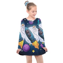 Spaceship Astronaut Space Kids  Long Sleeve Dress by Vaneshart
