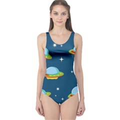 Seamless Pattern Ufo With Star Space Galaxy Background One Piece Swimsuit by Vaneshart
