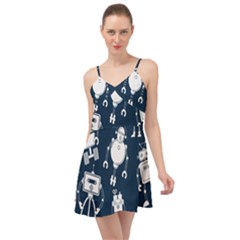 White Robot Blue Seamless Pattern Summer Time Chiffon Dress by Vaneshart