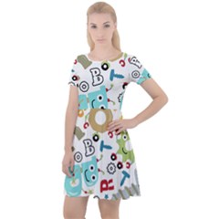 Seamless Pattern Vector With Funny Robots Cartoon Cap Sleeve Velour Dress 