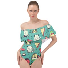 Seamless Pattern With Funny Monsters Cartoon Hand Drawn Characters Unusual Creatures Off Shoulder Velour Bodysuit  by Vaneshart