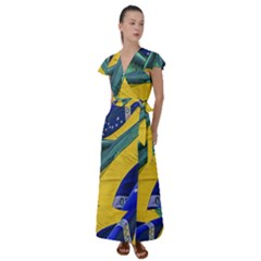 Brazil Flags Waving Background Flutter Sleeve Maxi Dress by dflcprintsclothing