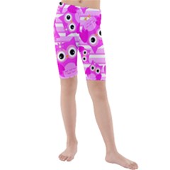 Pink Owl Pattern Background Kids  Mid Length Swim Shorts by Vaneshart