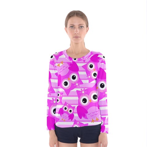 Pink Owl Pattern Background Women s Long Sleeve Tee by Vaneshart