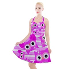 Pink Owl Pattern Background Halter Party Swing Dress  by Vaneshart