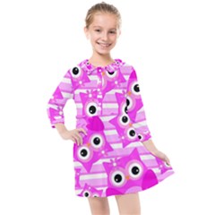 Pink Owl Pattern Background Kids  Quarter Sleeve Shirt Dress by Vaneshart
