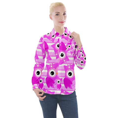 Pink Owl Pattern Background Women s Long Sleeve Pocket Shirt by Vaneshart
