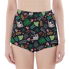 Floral Pattern With Plants Sloth Flowers Black Backdrop High-waisted Bikini Bottoms by Vaneshart