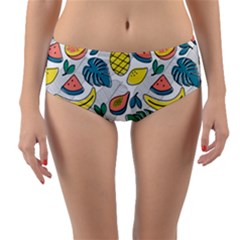 Seamless Pattern Tropical Fruit Banana Watermelon Papaya Lemon Orange Monstera Reversible Mid-waist Bikini Bottoms by Vaneshart