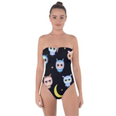 Cute Owl Doodles With Moon Star Seamless Pattern Tie Back One Piece Swimsuit