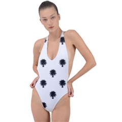 Black And White Tropical Print Pattern Backless Halter One Piece Swimsuit by dflcprintsclothing