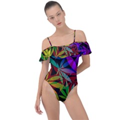 Ganja In Rainbow Colors, Weed Pattern, Marihujana Theme Frill Detail One Piece Swimsuit by Casemiro