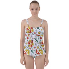 Seamless-hipster-pattern-with-watermelons-mint-geometric-figures Twist Front Tankini Set by Vaneshart