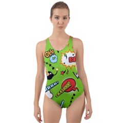 Modern-comics-background-pattern-with-bombs-lightening-jagged-clouds-speech-bubbles Cut-out Back One Piece Swimsuit by Vaneshart