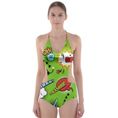 Modern-comics-background-pattern-with-bombs-lightening-jagged-clouds-speech-bubbles Cut-out One Piece Swimsuit by Vaneshart