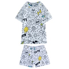 Set Cute Colorful Doodle Hand Drawing Kids  Swim Tee And Shorts Set