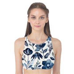 Indigo Watercolor Floral Seamless Pattern Tank Bikini Top