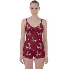 Cute Reindeer Head With Star Red Background Tie Front Two Piece Tankini by BangZart