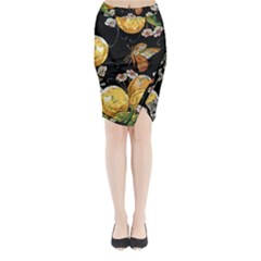 Embroidery Blossoming Lemons Butterfly Seamless Pattern Midi Wrap Pencil Skirt by BangZart