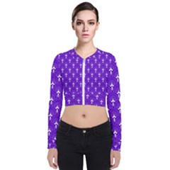 White And Purple Art-deco Pattern Long Sleeve Zip Up Bomber Jacket by Dushan