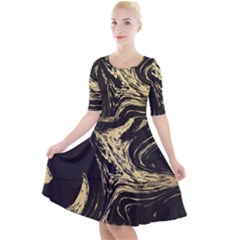 Black And Gold Marble Quarter Sleeve A-line Dress by Dushan