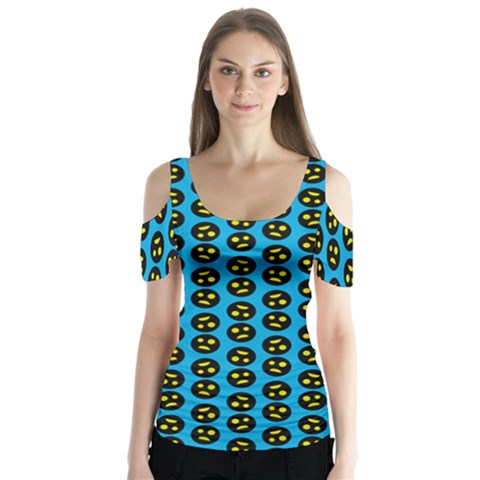 0059 Comic Head Bothered Smiley Pattern Butterfly Sleeve Cutout Tee  by DinzDas