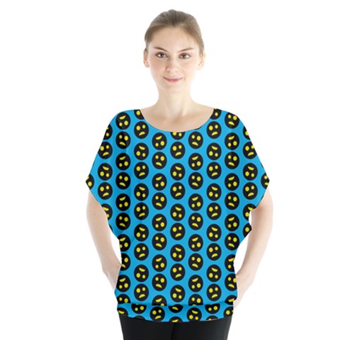 0059 Comic Head Bothered Smiley Pattern Batwing Chiffon Blouse by DinzDas