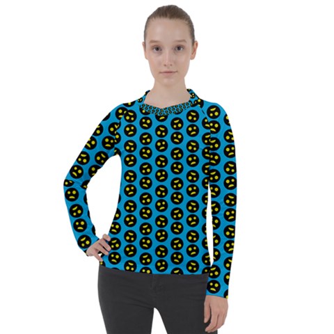 0059 Comic Head Bothered Smiley Pattern Women s Pique Long Sleeve Tee by DinzDas